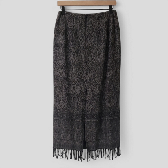 Talbots Black & Brown Paisley Wool Maxi Skirt – Fringe Hem Size 6 - Picture 7 of 14